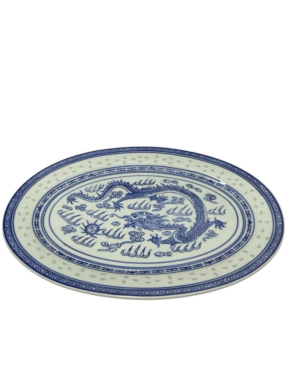 Vintage Chinese Rice Eyes Dragon 13”X9.5” Oval Platter